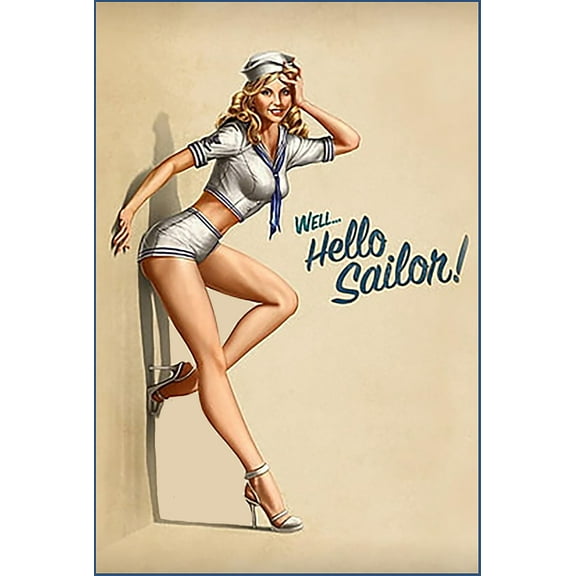 Well Hello Sailor Pinup Girl Metal Poster,Sexy Girl Wall Art,Sexy Girl Poster, Man Cave Plaque Poster,Dining Room Wall Decor Ideas, Art Deco Frameless 20x30inch