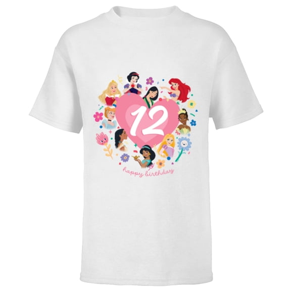Disney Princess Heart 12 Years Old Happy Twelfth Birthday - Short Sleeve T-Shirt for Kids - Customized-White