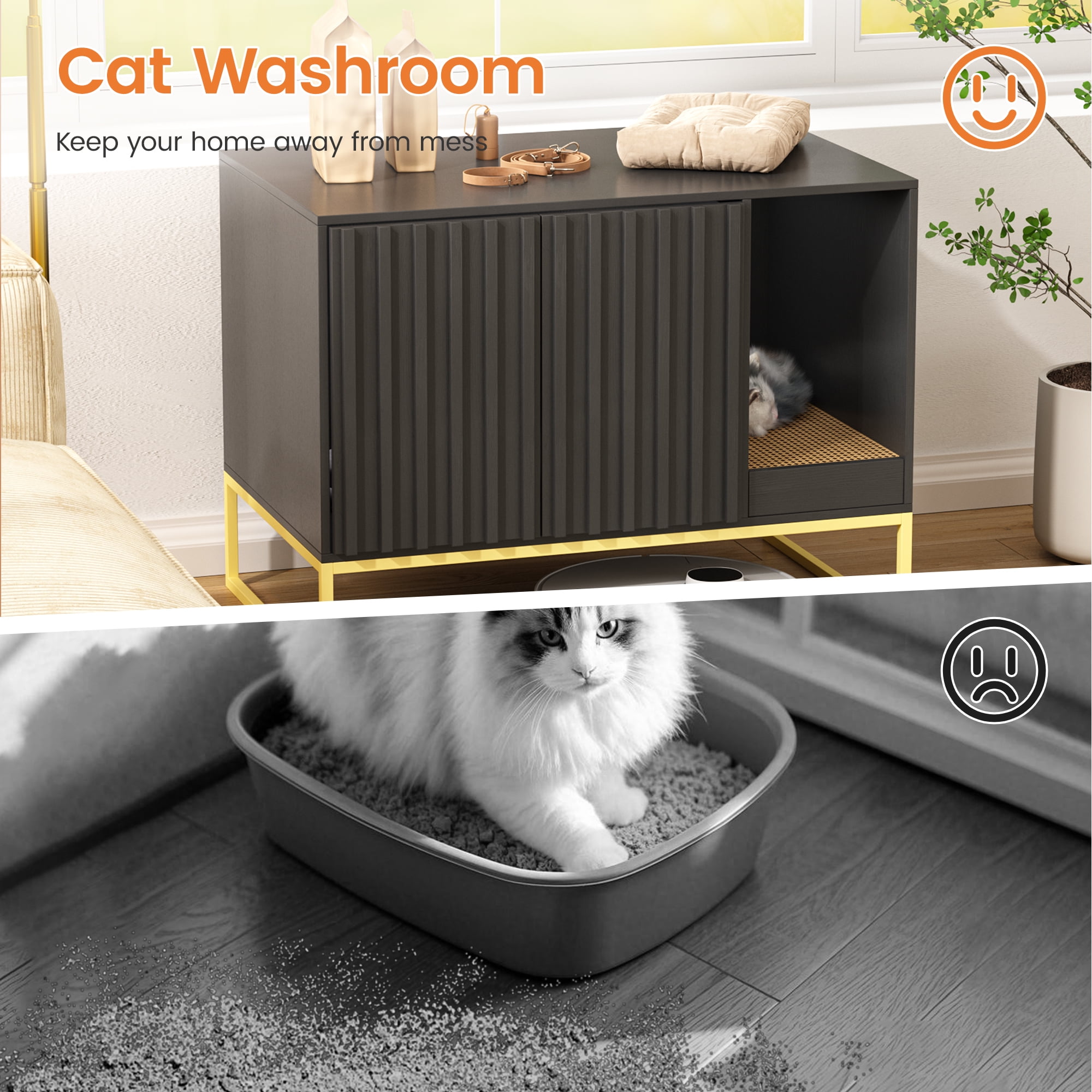 Veanerwood Fienveorn Litter Box Enclosure,Modern Cat Litter Box Enclosure Furniture Hidden Litter Box with Cat Scratch Pad, Cat Washroom Cat House End Table, Entryway Bench for Livingroom (Black)