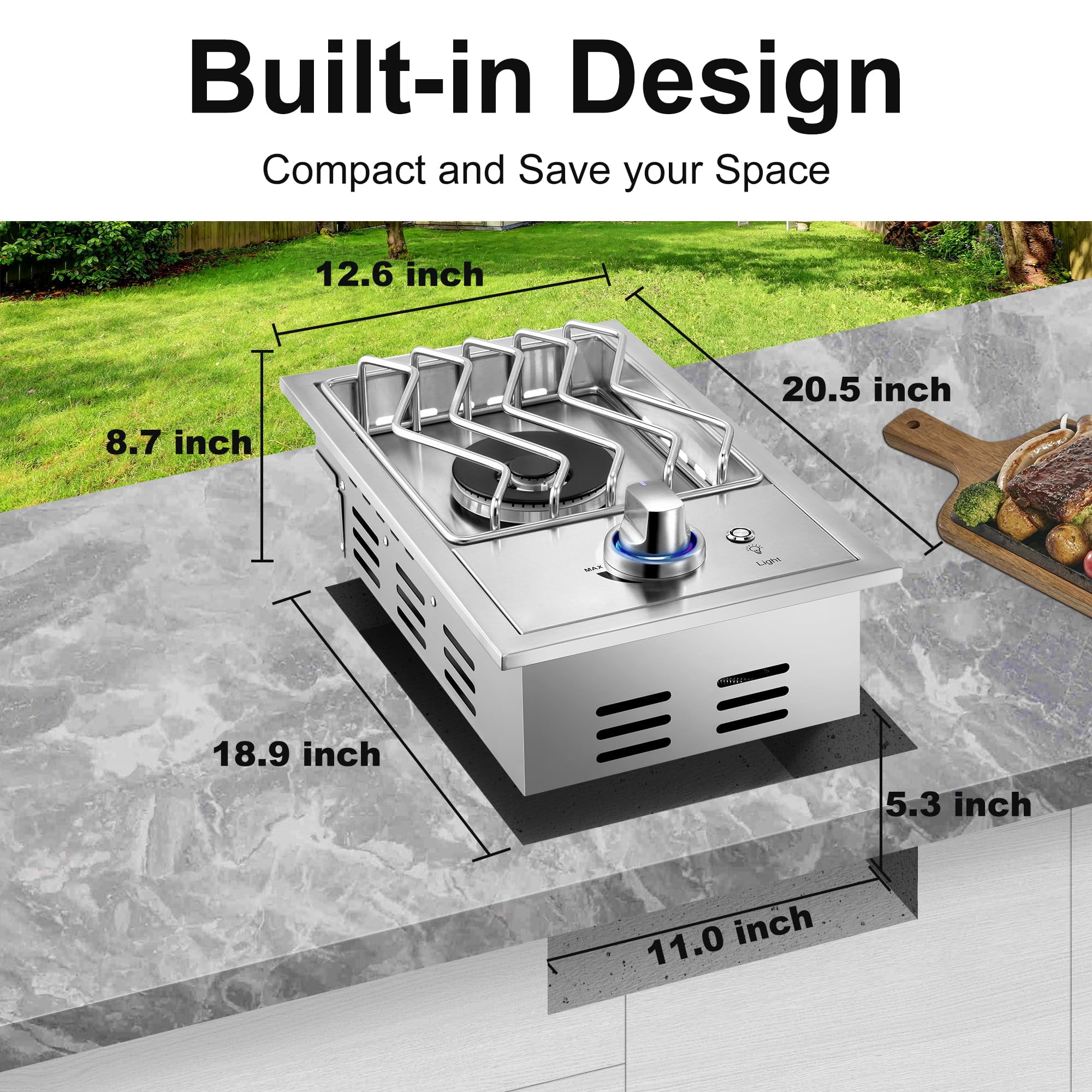 Single Grilling Side Burners for Outdoor Kitchen, 15,000BTU Liquid Propane Side Burner, Duty Heavy 304 Stainless Steel, Convertible to Natural Gas, Drop-in Side Burner for Outdoor BBQ Grill Island