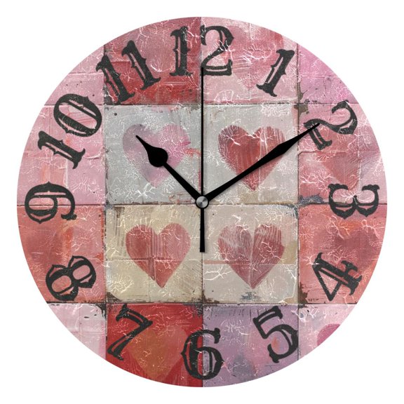 Pretty Pink Hearts Wall Clock 10 inch Non-Ticking Easy to Read Decorative Clocks for Home Bedroom Living Room
