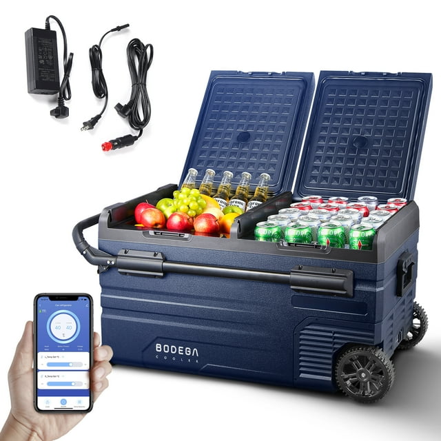 BODEGA 12V Car Refrigerator,80QT Dual Zone Portable Refrigerator and Freezer with App Control, Electric Cooler for Vehicle & Home Use, Built-in Battery Protection, Wheel & Retractable Handle