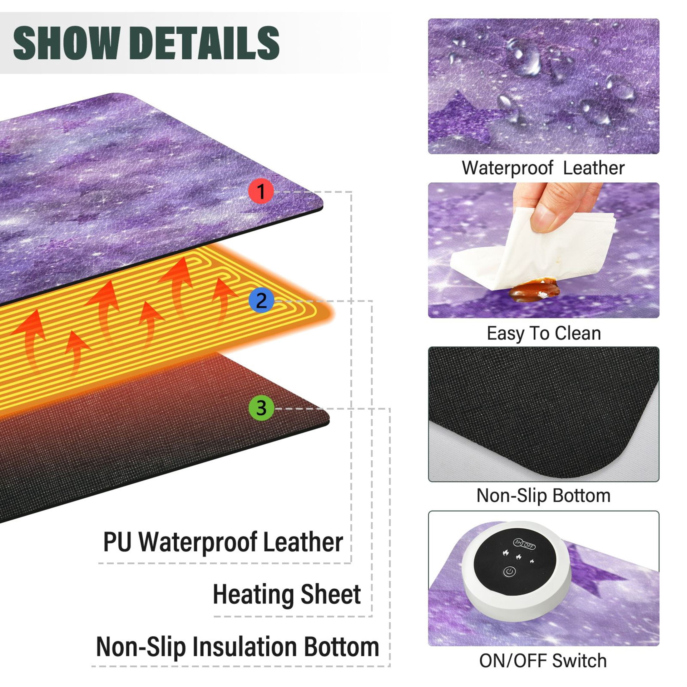 Large Heated Desk Mat Mouse Pad 31.5"x13"PU Leather Graphene Heating Desk Warmer with 3 Temperature Settings 110V US Plug Non-Slip Warm Pad for Home, Office, and Gaming Purple Cosmic Galaxy Pattern