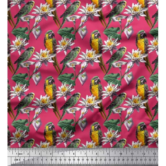 Soimoi Poly Georgette Fabric Macaw Parrot,Leaves & Waterlily Floral Printed Fabric 1 Yard 42 Inch Wide