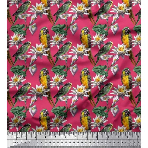 Soimoi Poly Georgette Fabric Macaw Parrot,Leaves & Waterlily Floral Print Sewing Fabric Yard 52 Inch Wide