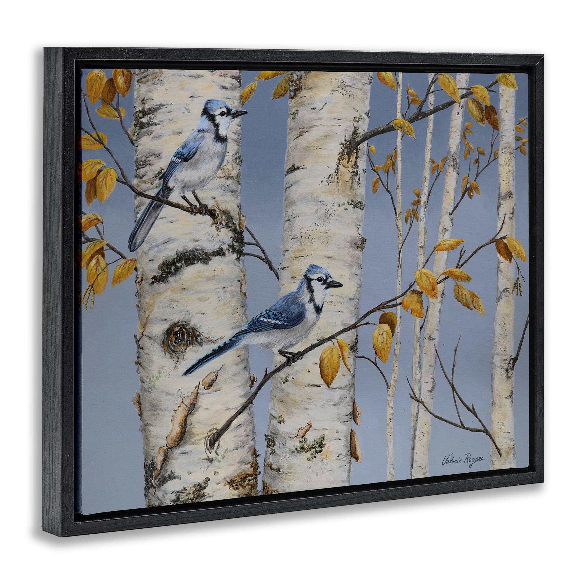 Stupell Industries Blue Jay Autumn Day Landscape & Nature Painting Black Floater Framed Canvas Art Print Wall Art, 21 x 17