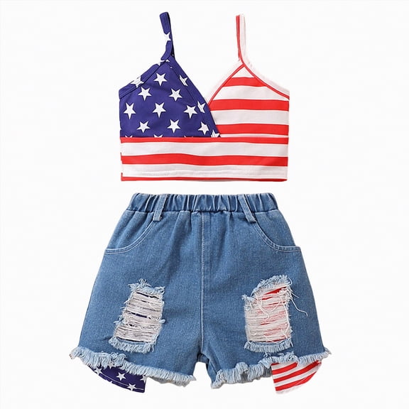 UngA Toddler Girl 4th Of July Outfit Kids Sleeveless American Flag Strap Crop Top Ripped Denim Shorts 2Pcs Set (Red,3-4 Years)