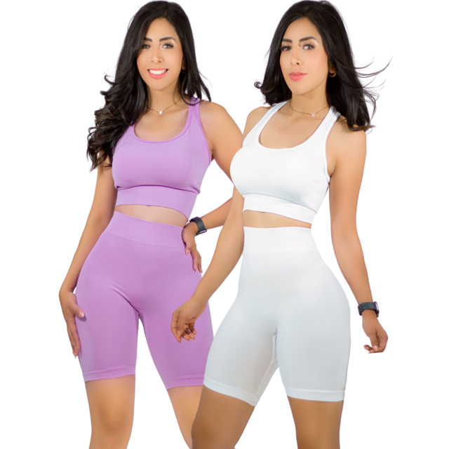 Set De 2 Conjunto Deportiva Mujer Short Y Blusa Stretch Fit Push Up