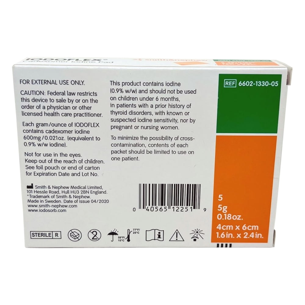Iodoflex Cadexomer Iodine Pad 1.6" x 2.4" 5gm - Box of 5 Dressings