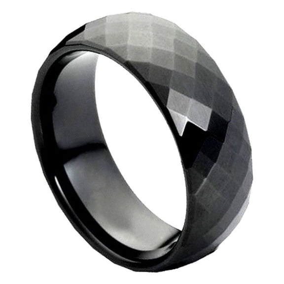 Custom Personalized Engraving Wedding Band Ring Set for Him & Her - 8mm Domed Black IP Multi-Faceted Ring