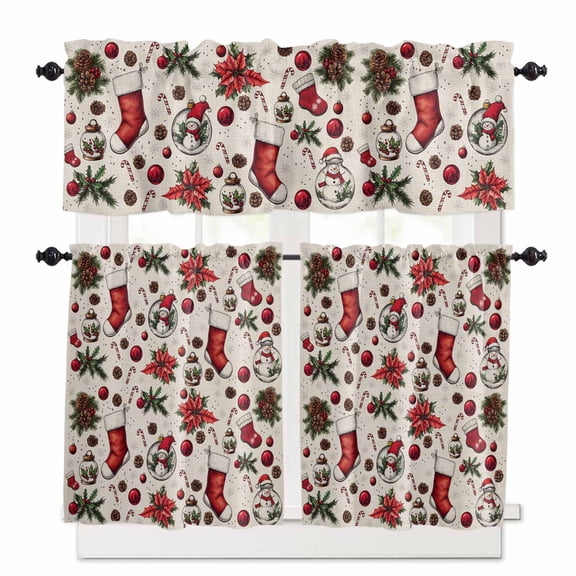 Christmas Stocking Kitchen Curtains and Valances Set, Crystal Balls Candy Linen Pattern Rod Pocket Window Valance 18 Inch Window Curtain Panels for Living Room Bedroom Laundry, 27.5x36in, 3 Pieces
