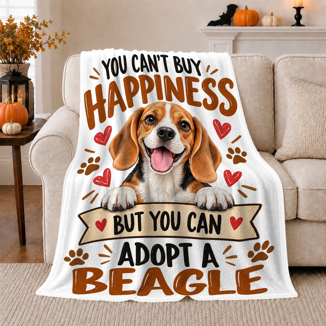 You Can T Buy Happiness Adopt Beagle Hearts Paws Playful Pet Portrait Pattern Warm Flannel Blanket for Living Room and Reading Nook Dog Lovers Pet Adoption Gift Pet Lover Home Decor