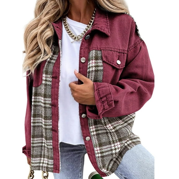 Women'S Oversized Casual Long Sleeve Button Down Plaid Shacket Boyfriend Jean Jacket with Pockets Red S