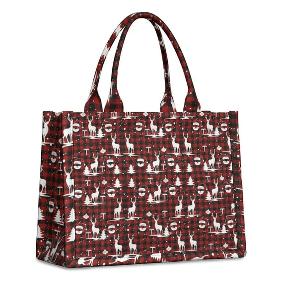 Large Capacity Tote Bag,Red Christmas Plaid Deer and Tree Pattern Handbag Fashion Luxury Tote Bag,15.7"x13"x 5.1" Inches,Laptop Compatible