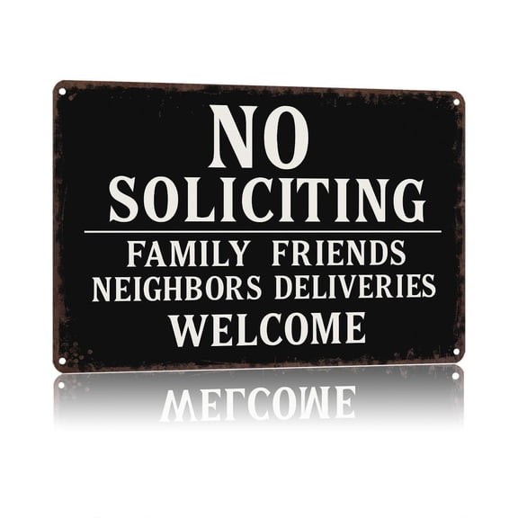 No Soliciting Family Friends Neighbors Deliveries Welcome 8x12 Tin Metal Sign for Front Door Home Exterior Wall Decor Weather Resistant