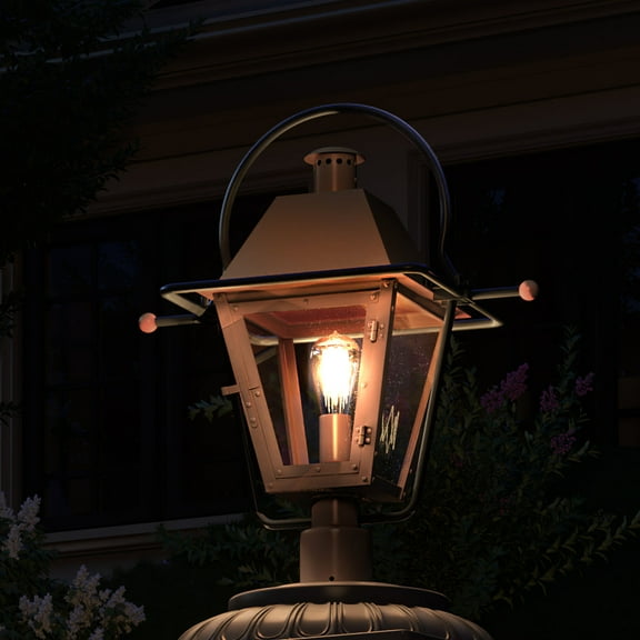 Luxury Historic Outdoor Post Light, 22.75''H x 17.75''W, with Tudor Style Elements, French Country Design, Rustic Copper Finish and Clear Tempered Glass Panels, UQL1380