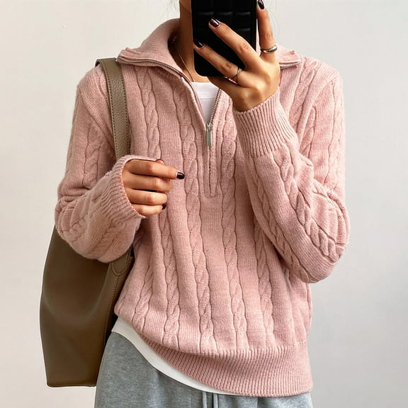 PiGOGI Solid Color Zipper Knit Loose V-Neck Sweater Women's Casual Comfortable Pullover Pink