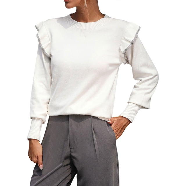 Gibobby SuéTer Para Mujeres Suéter de punto holgado para mujer con dobladillo de, cuello redondo ancho y suéter de moda(Blanco,CH)