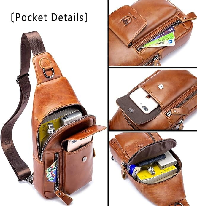 BULLCAPTAIN Genuine Leather Sling Bag for Men, Crossbody Chest Backpack with Adjustable Strap, Zipper Closure,Brown