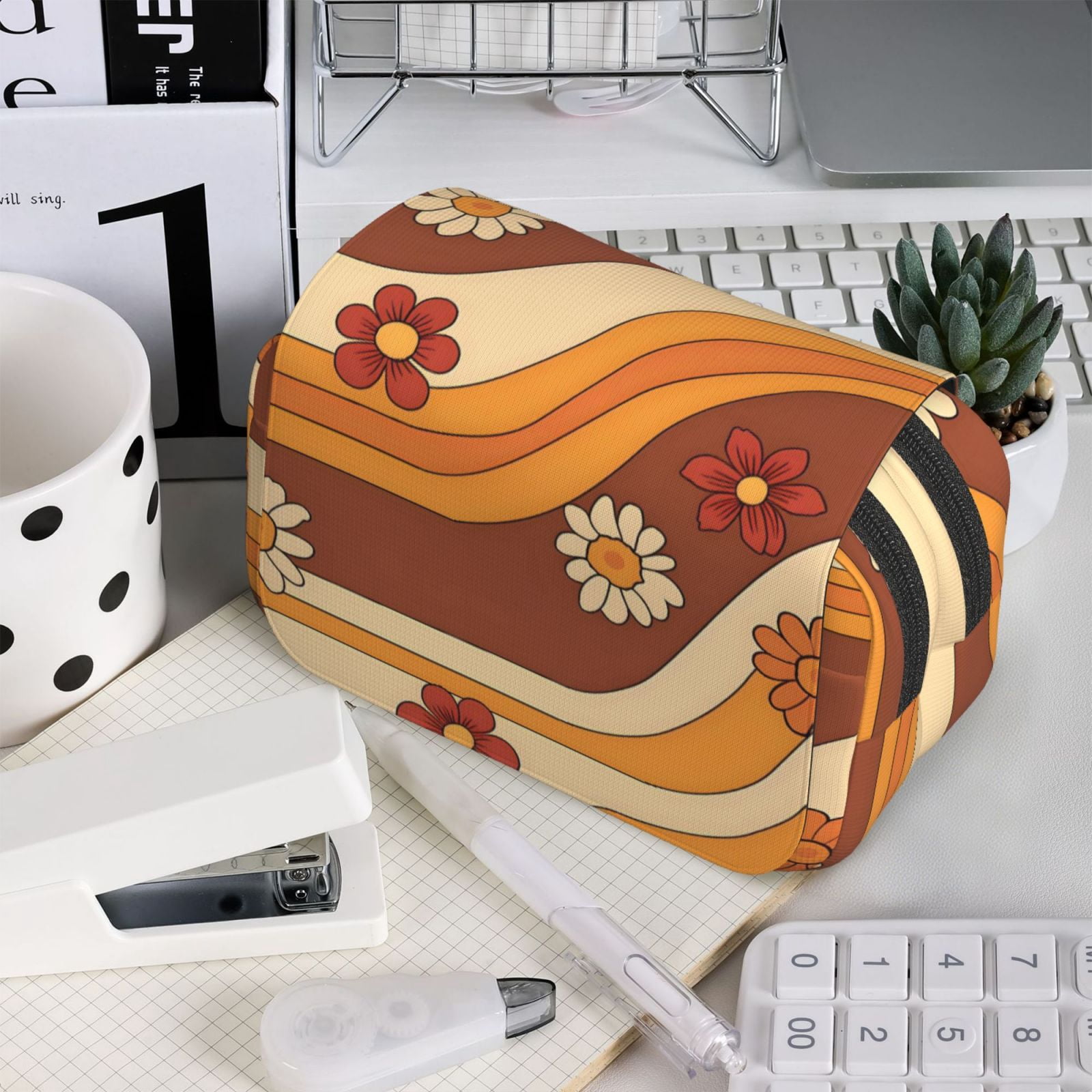 Large-Capacity Flip-Top Double-Layer Pencil Case, Multi-Functional Pocket Pen Case, Durable Stationery Organizer Groovy Flowers (13)