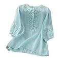thumbnail image 2 of Cotton Linen T Shirts for Women 2026 Summer Casual Elbow Sleeve Crewneck Vintage Boho Embroidered Tee Shirt, 2 of 6