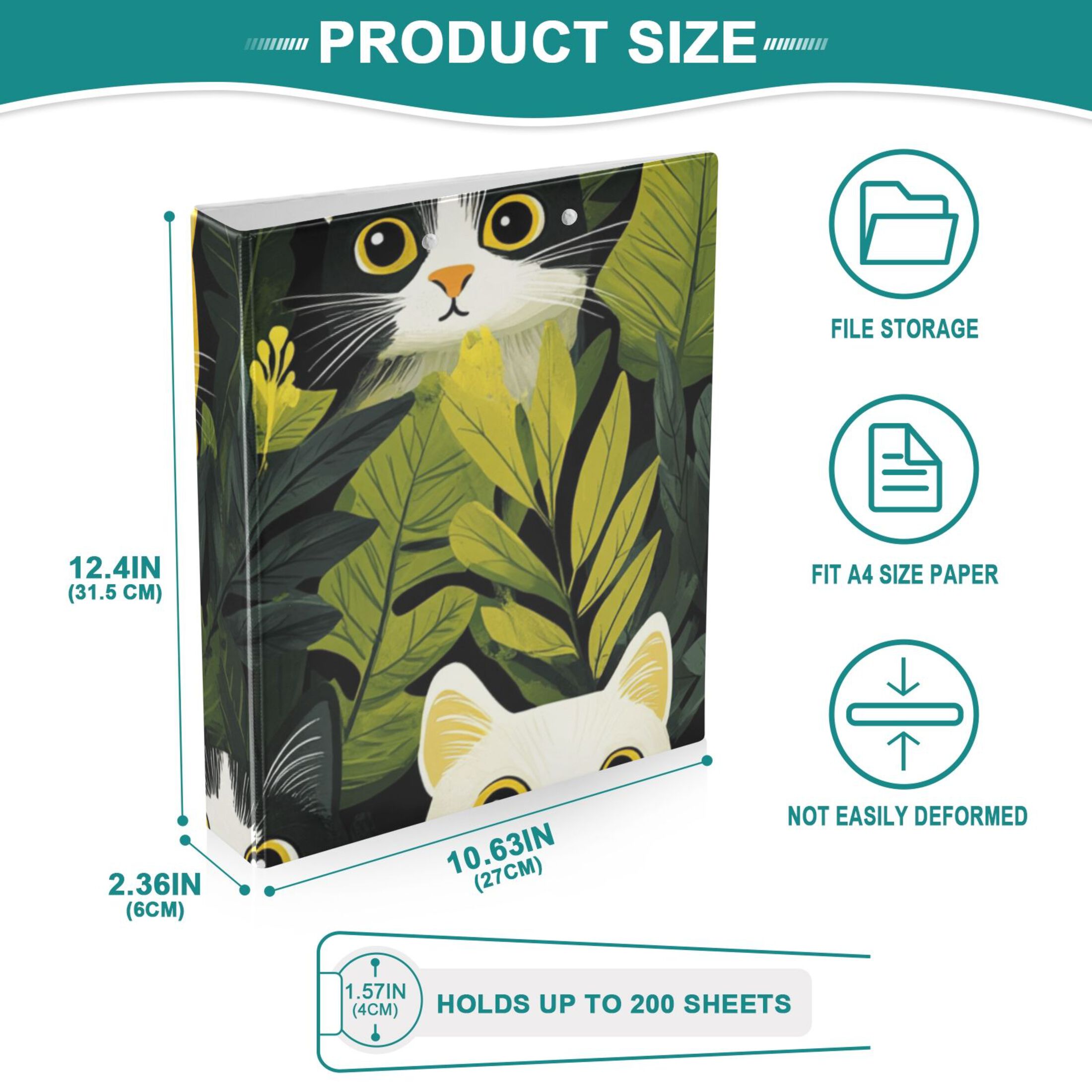 Leaves and Cats 3 Ring Binders 1.5 inch Hardcover File Folders with Interior Pockets A4 Size Organizer for School Office Hospital