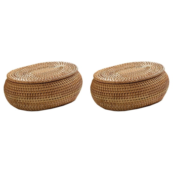 2X Rattan Box Storage Baskets with Lid, Basket, Handwoven Round Woven Desktop Decorative for Home