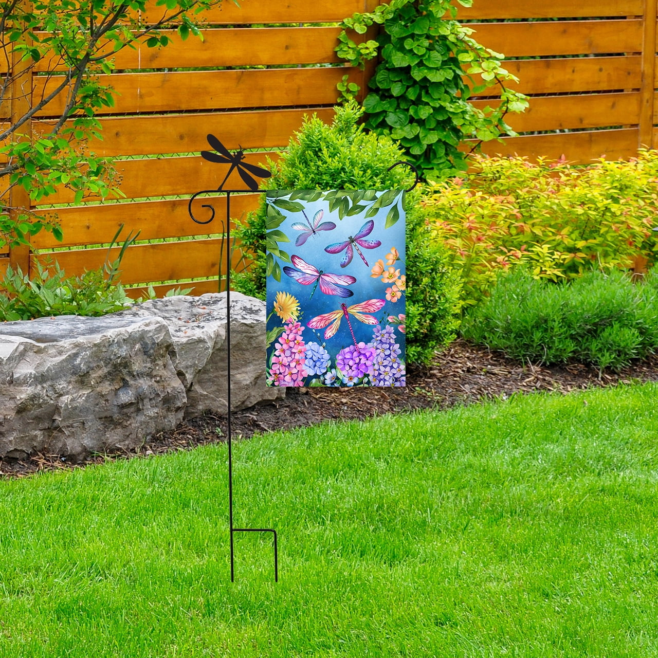 Briarwood Lane Everyday Wrought Iron Dragonfly Garden Flag Stand Holder 40x18 Garden Flag Stand Holder: Decorative