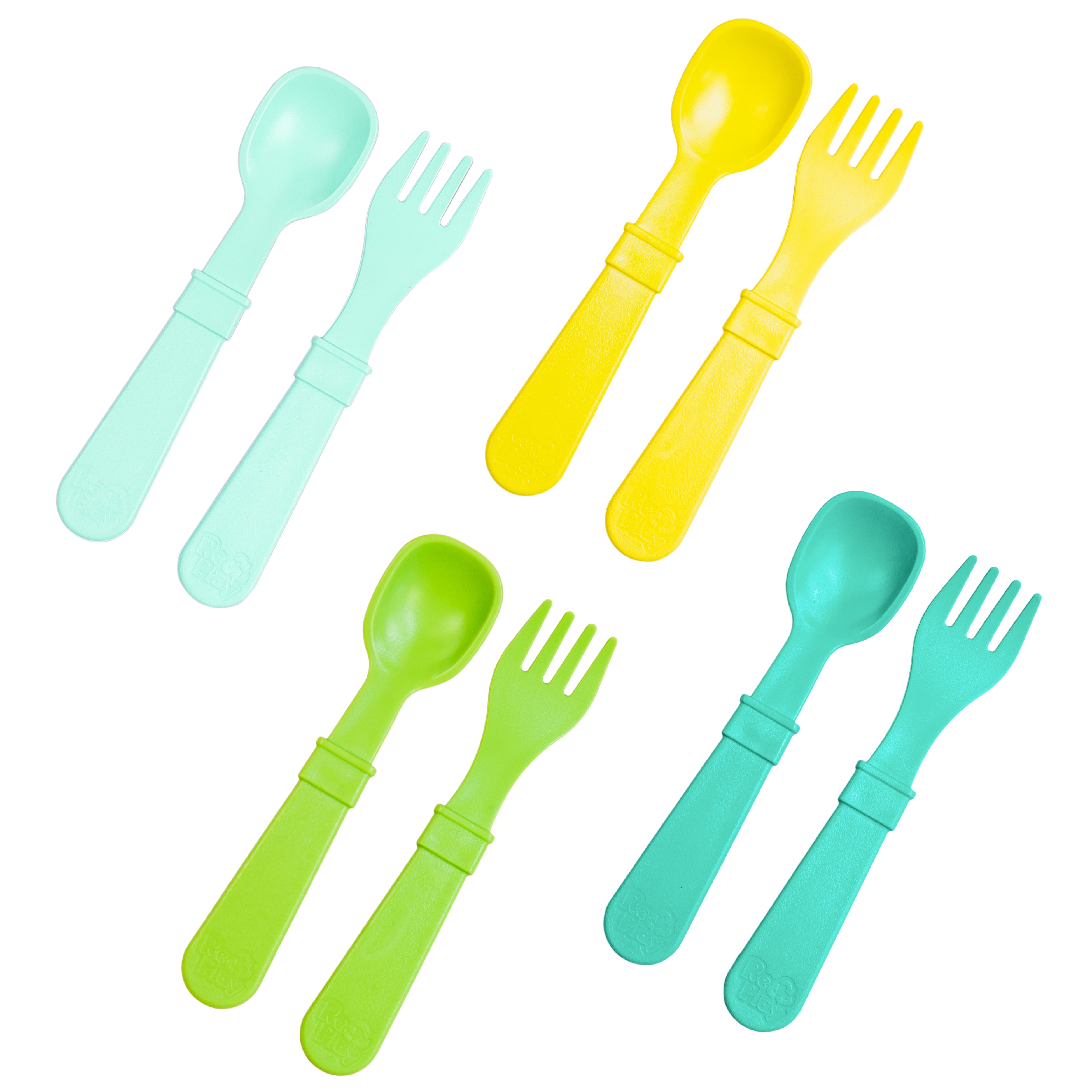 RE-PLAY Made in USA 12pk Fork and Spoon Utensil Set for Baby & Toddler Feeding in Aqua, Lime, Mint, Yellow |BPA FREE| Made of Eco Friendly Recycled Milk Jugs| Crayon Box