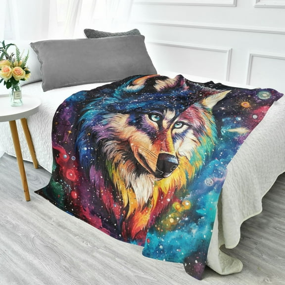 70x55 Inches Glow in The Dark Blanket Cozy Throw Camping Blankets for Home and Outdoor Use Star-studded Wolf