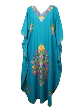 Mogul Women's Maxi Caftan Embellished Kimono Sleeves V-Neck Cotton Blend Floral Long Kaftan Dress 3XL