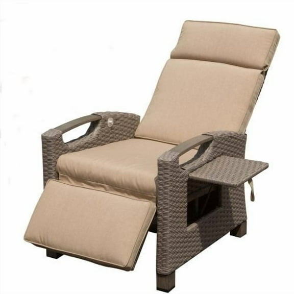 Mondawe Outdoor Recliner Chair, Patio Recliner with Hand-Woven Wicker, Flip Table Push Back, Adjustable Angle, 6.8'' Thickness Cushions, Reclining Lounge Chair for Indoor and Outdoor, Beige