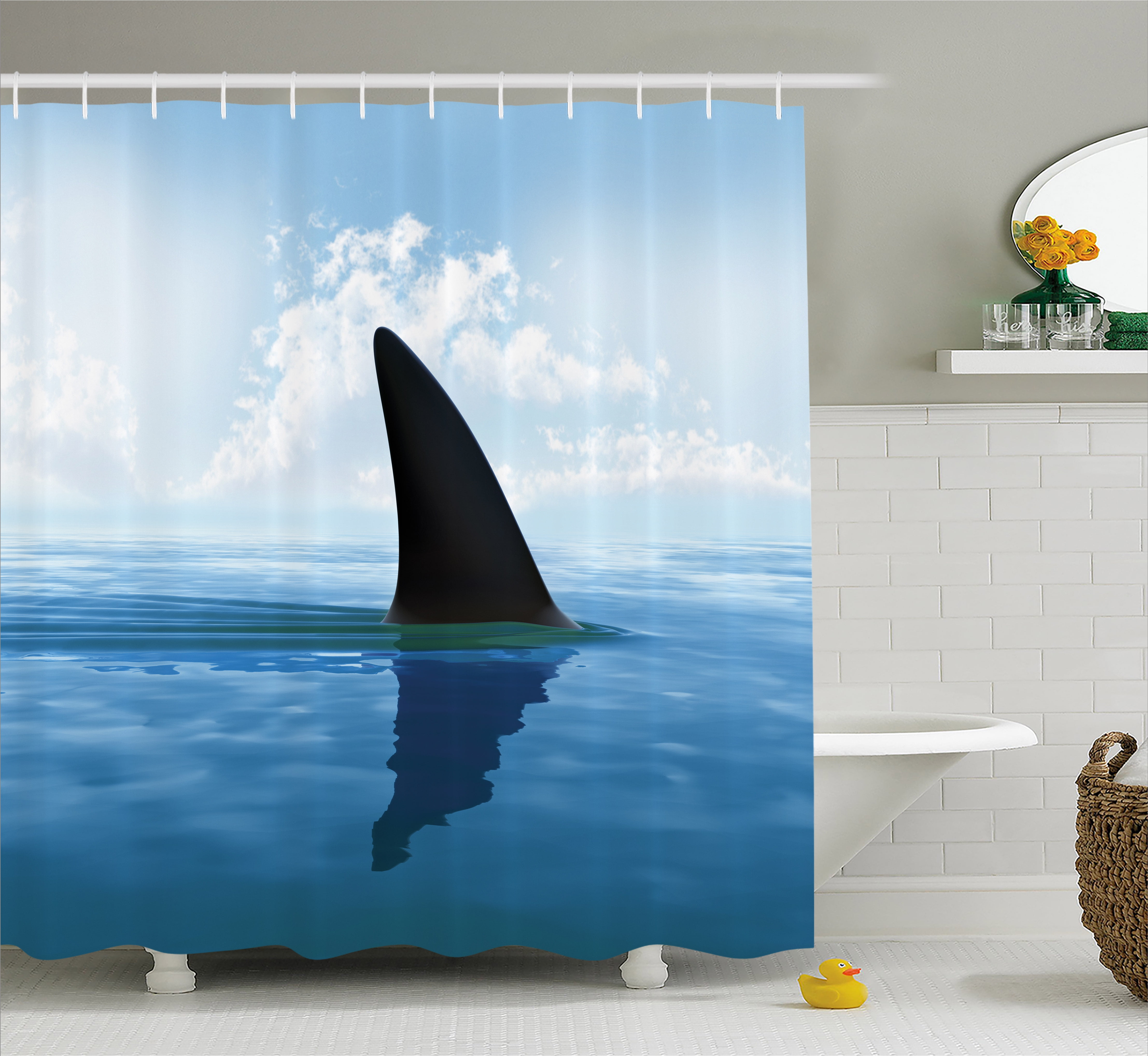 Shark Shower Curtain, Shark Fish Fin over the Sea Surface Danger