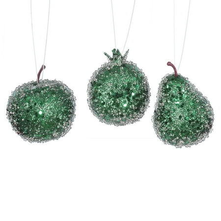 Fruit Christmas Ornament Vickerman 3ct Beaded, Sequin and Glitter Pear, Apple and Pomegranate Fruit Christmas Ornament Set 3.5