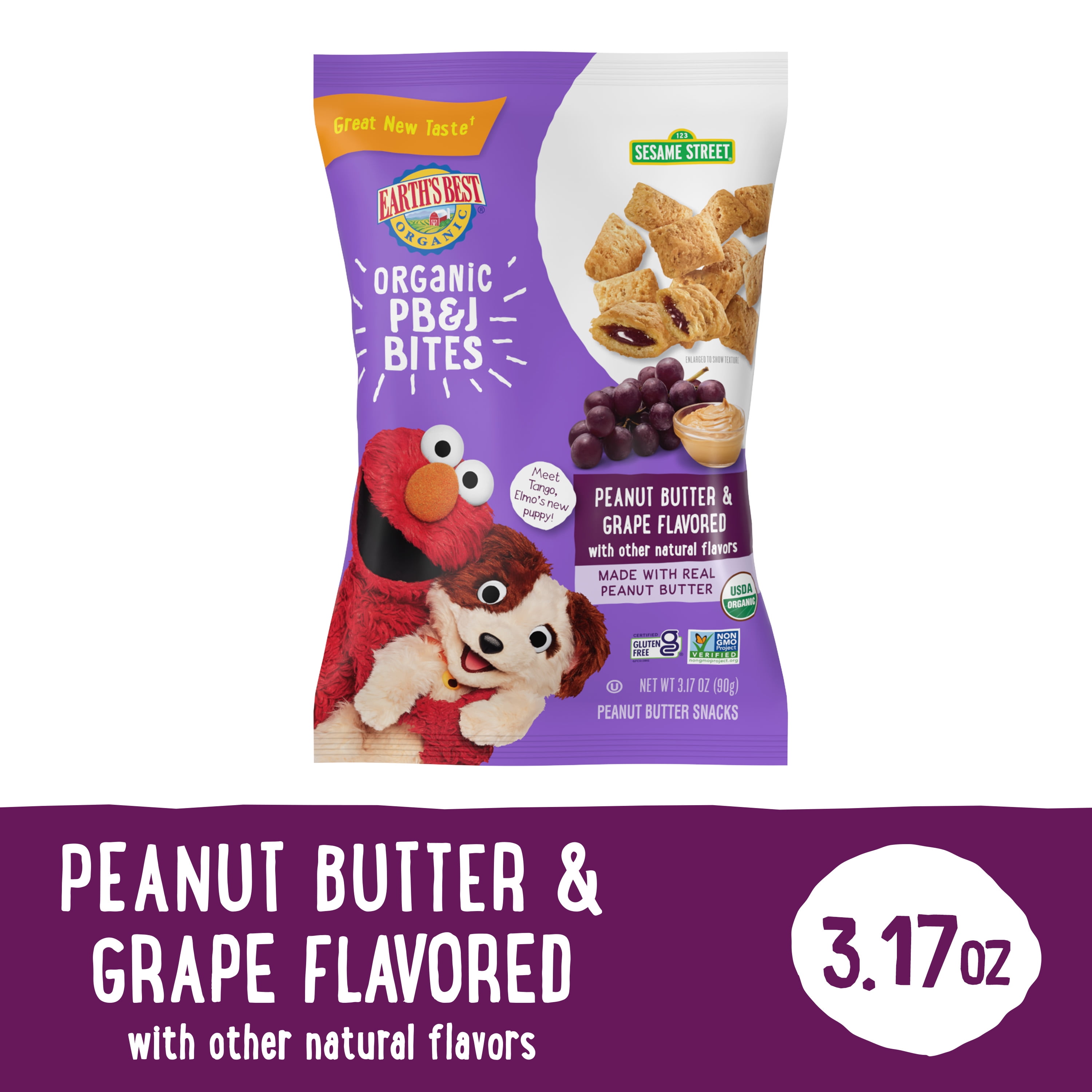 (4 pack) Earth's Best Organic Peanut Butter Grape PB&J Bites Toddler Baby Snack, 3.17 oz Bag