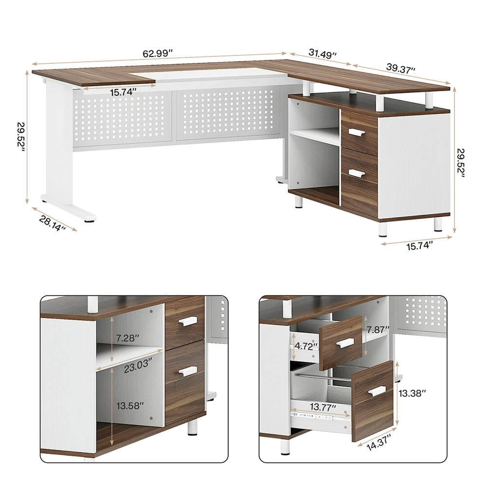 Barara King Home Office Desk, Computer Desk,Industrial L-Shaped Desk, 63" Computer Executive Desk with File Cabinet,Brown & White