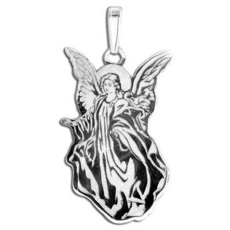 Guardian Angel "Protect My Child" Double Sided Pendant - 2/3 Inch X 3/4 Inch -Solid 14K White Gold