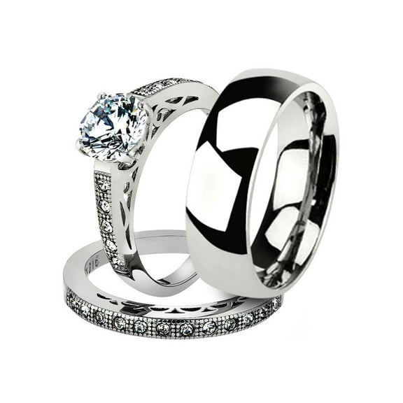 His and Her 3pc Stainless Steel 1.39 Ct Cz Bridal Set and Men's Classic Wedding Band Women's Size 10 Men's 06mm Size 10