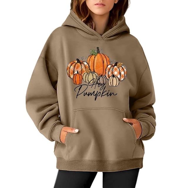 WEAIXIMIUNG Sweat à Capuche pour Femmes, Graphique, Imprimé Citrouille, Manches Longues, Décontracté, avec Poche