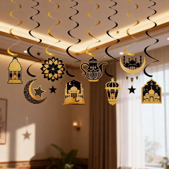 8pcs Ramadan Mubarak Decorations, Eid Mubarak Hanging Swirl Shining Gold Star Moon Lantern Ceiling Decor