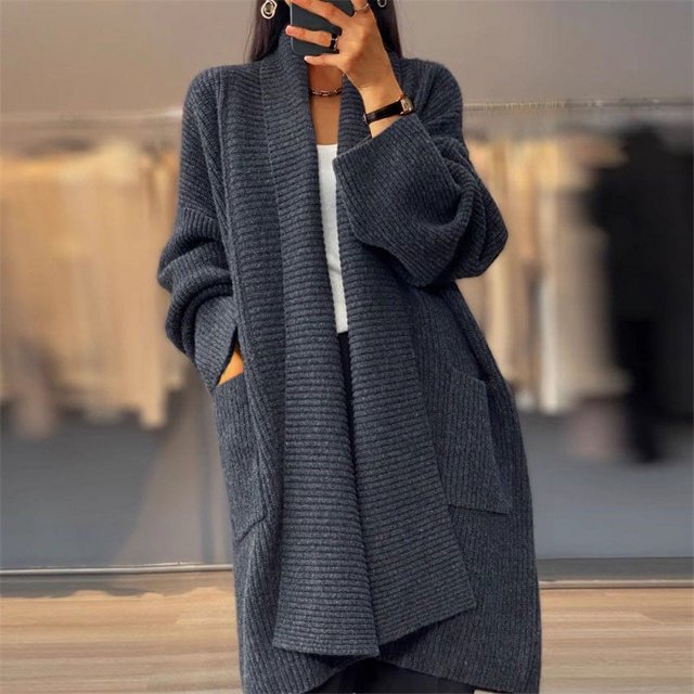 Chaqueta tipo cárdigan de punto de color liso, de longitud media y gruesa, con bolsillos sueltos para mujer, otoño e invierno