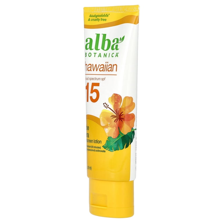 Alba Botanica Hawaiian Sunscreen Lotion, SPF 15, Aloe Vera, Water  Resistant, 3 fl oz - Walmart.com