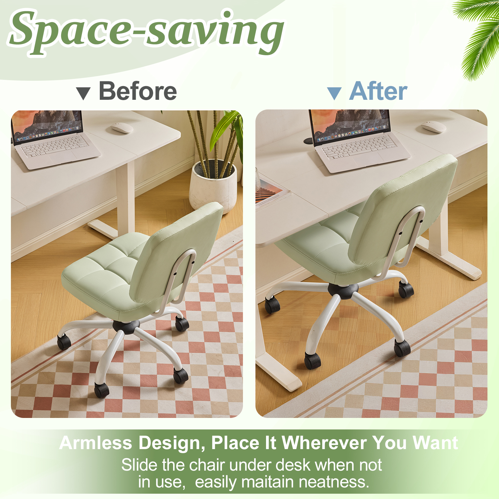 Ktaxon Armless Office Chair with Star Base PU Swivel Task Chair with 9-Grid Design for Study Room or Dressing Area Green