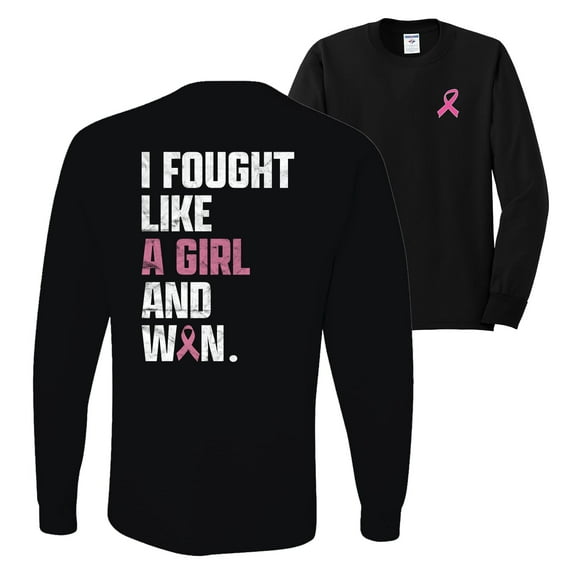 Wild Bobby I Fought Like A Girl and Won Breast Cancer Awareness Front and Back Mens Long Sleeve Shirt, Black, Small