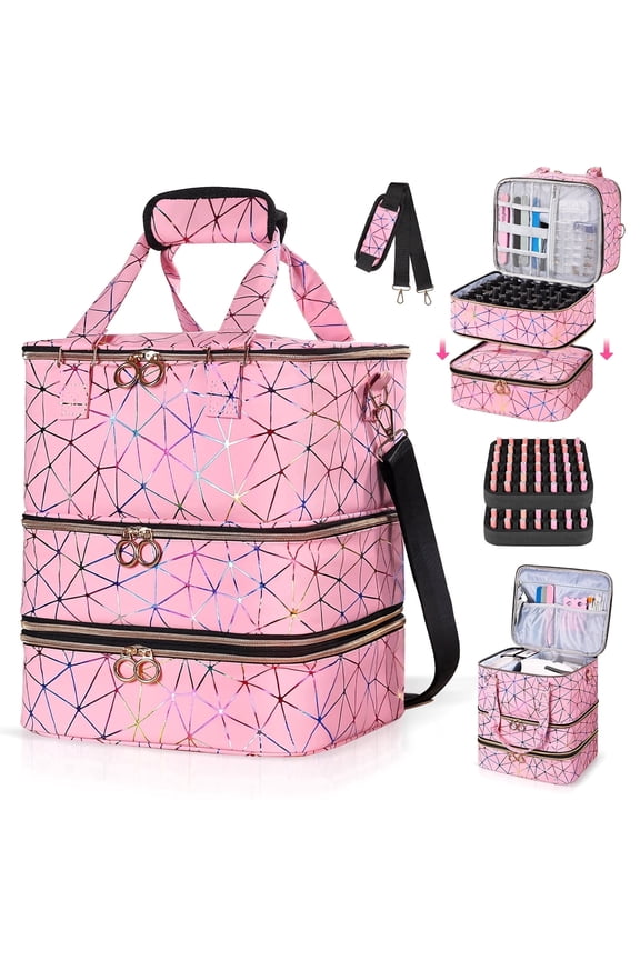 Nail Polish Organizer Bag, 3-Layer PU Leather Nail Organizer and Storage Holds 84 Bottles 15ml/0.5fl.oz and Nail Lamp,Large Holder Travel Carrying Case,Pink