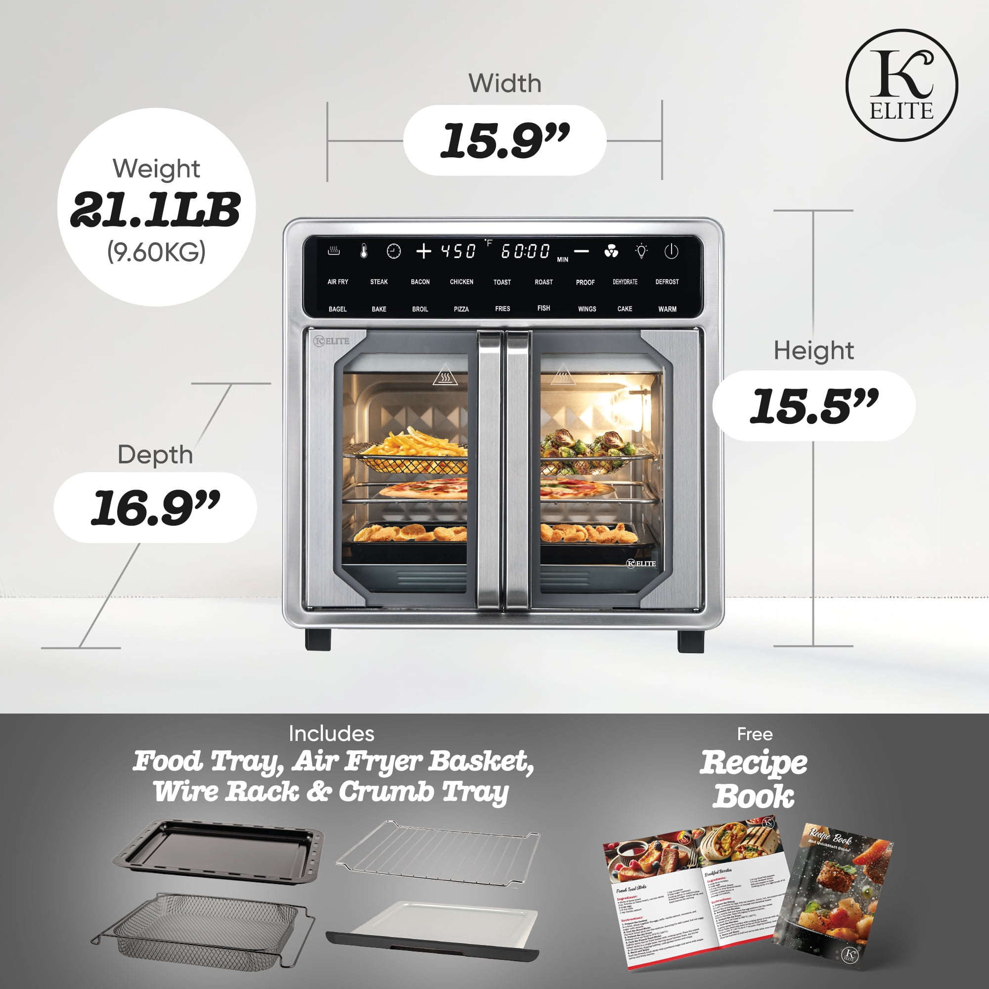 Kitchen Elite 16 Qt French Door Air Fryer Oven, Countertop Cooker with LED Display