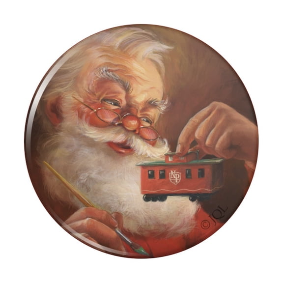 Christmas Holiday Santa Painting Toy Train Caboose Pinback Button Pin