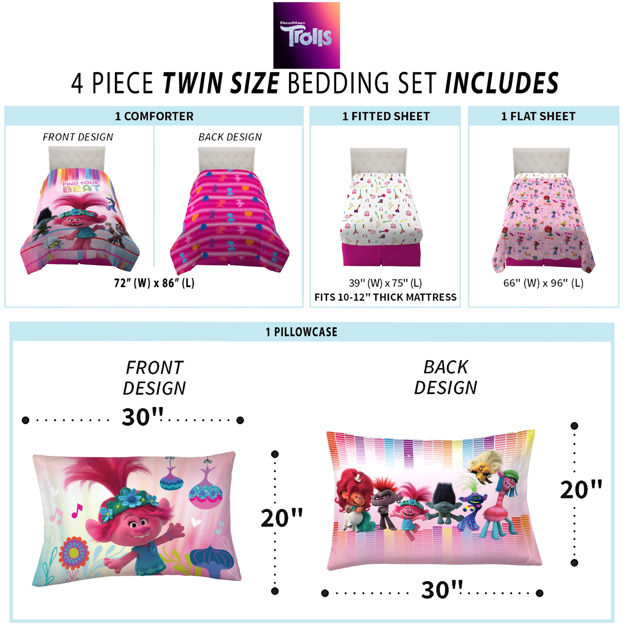 Trolls Kids Twin Bed in a Bag, Comforter and Sheets, Pink, DreamWorks