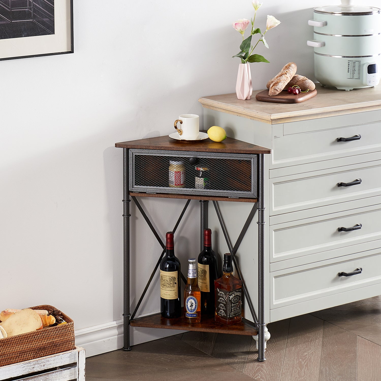VECELO Corner Storage Cabinet with Flip Drawer and Shelf, Triangle X-Shaped Freestanding Floor Cabinet,  Brown