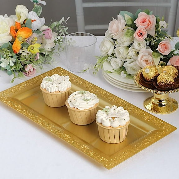 BalsaCircle Gold 4 Rectangular 14 in Plastic Serving Trays Lace Print Rim Design Party Events Decorations